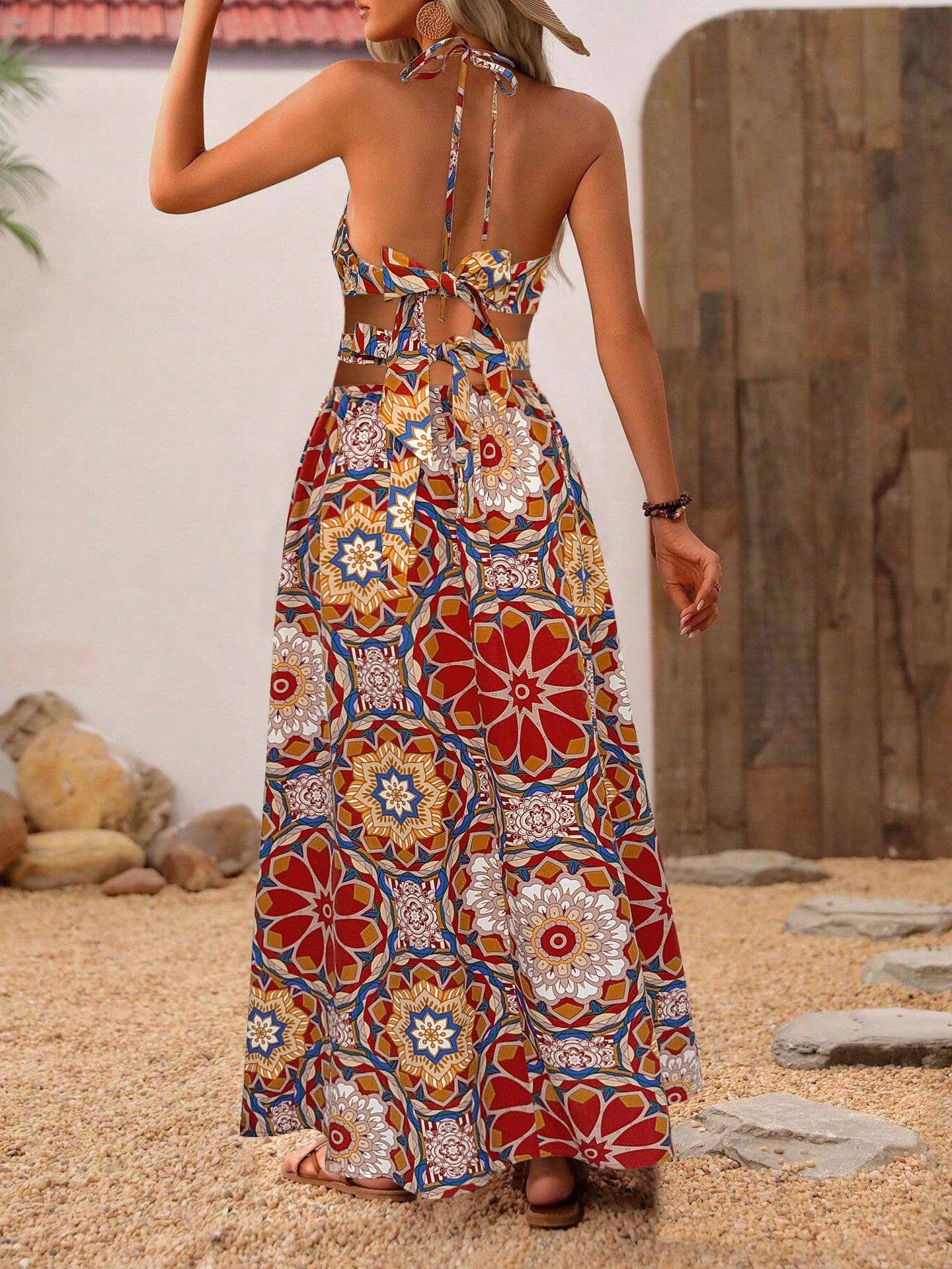 Sexy V-neck backless holiday halter print dress