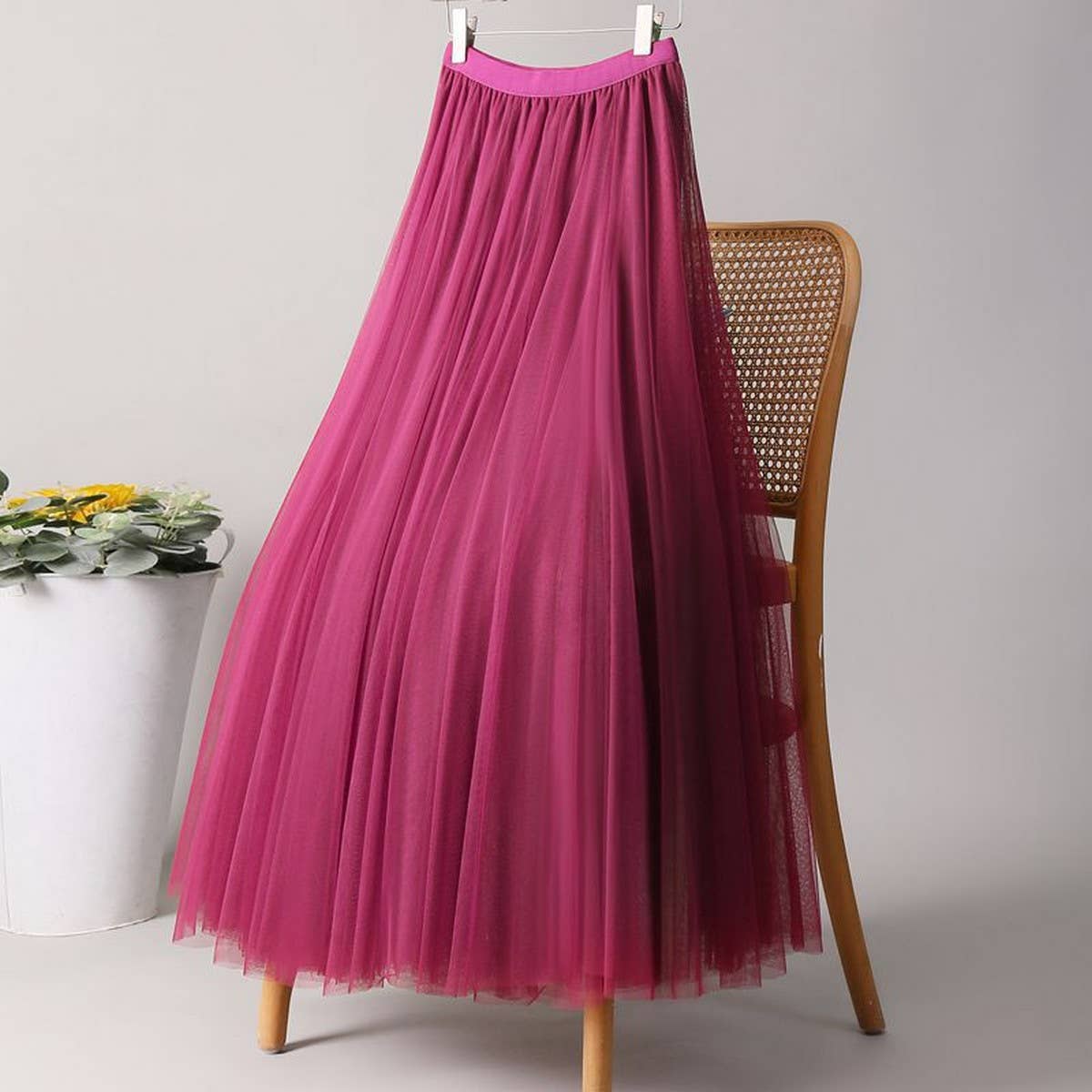 SOLID COLOR ELASTIC-WAIST MESH TULLE A-LINE SKIRT_CWBLS0372