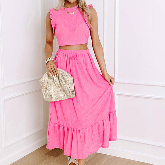 Stylish ruffled waistcoat long skirt set