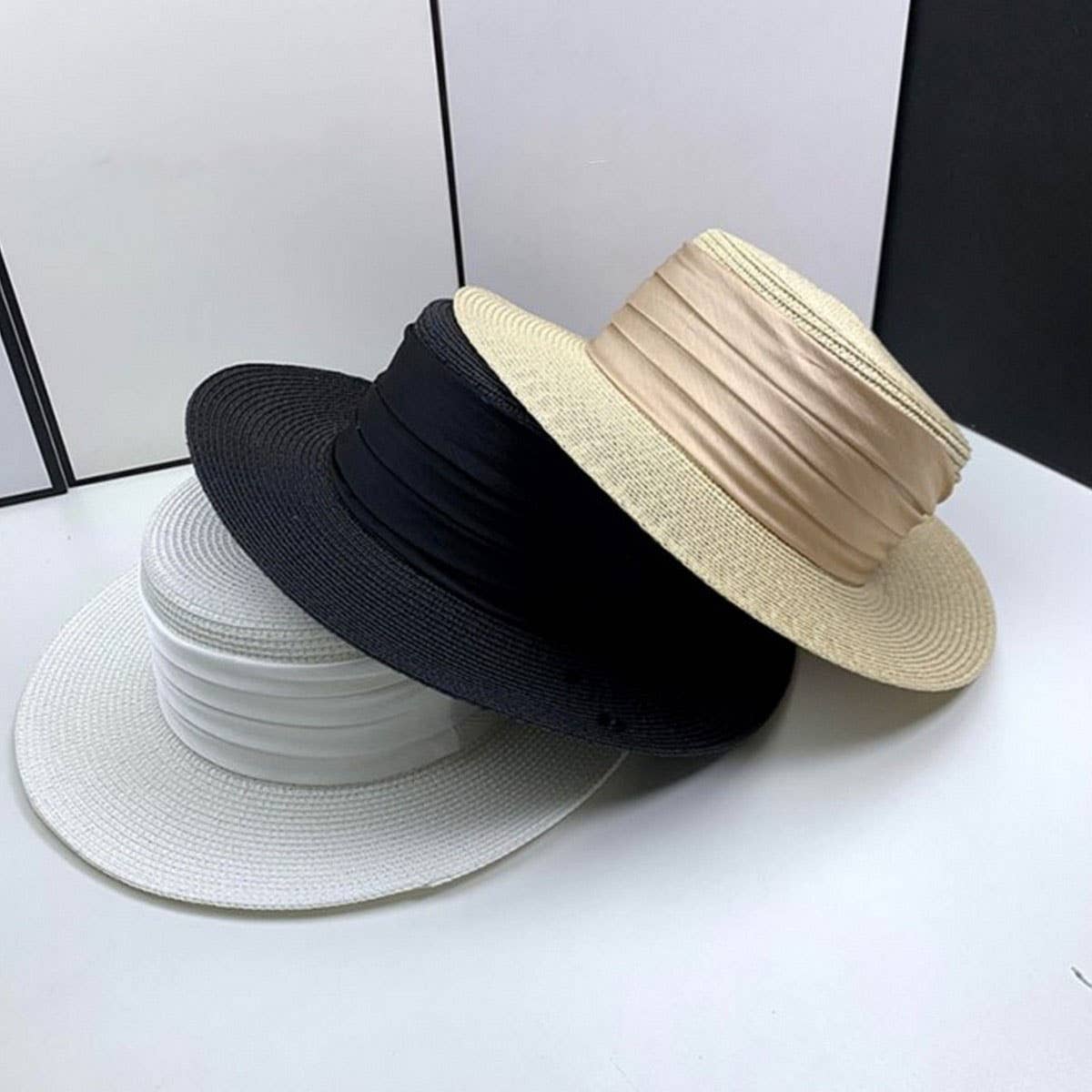 Summer Flat Top Premium Satin Straw Hat_CWAH3416