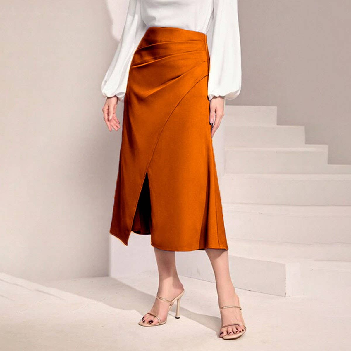 HIGH WAIST SATIN PLEATED SLIT MAXI SKIRT