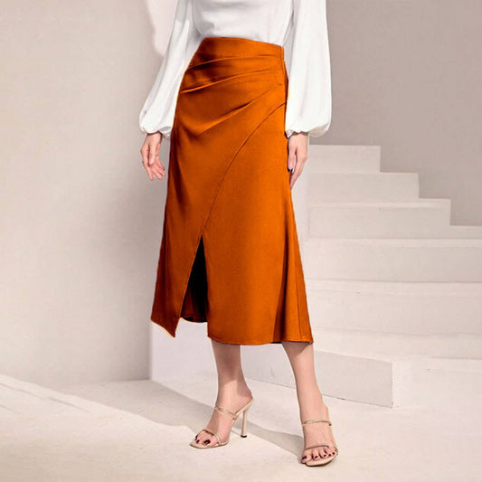 HIGH WAIST SATIN PLEATED SLIT MAXI SKIRT