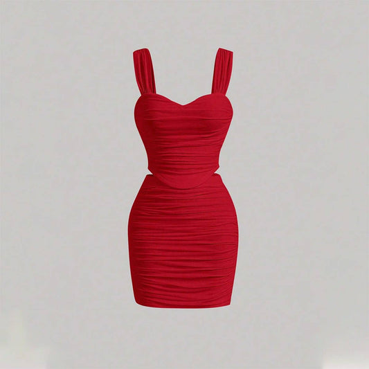 Pleated slim-fit halter top skirt two-piece set