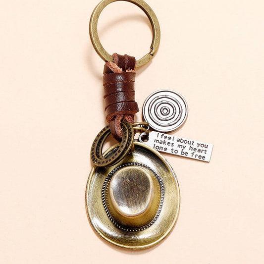 VINTAGE ALLOY COWBOY HAT COWHIDE KEYCHAIN