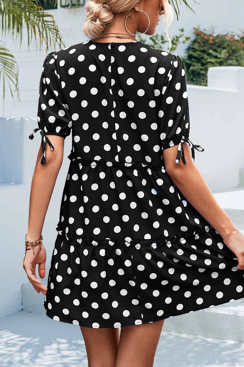 ROUND NECK BUBBLE SLEEVE STRAP DRESS_CWDSD2658