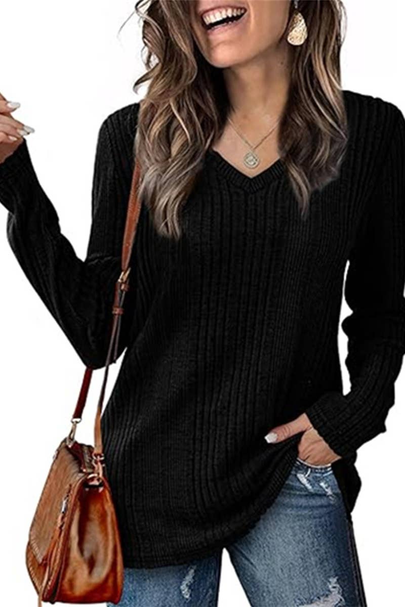 V-NECK KNITTED PIT STRIP BRUSHED LONG SLEEVE
