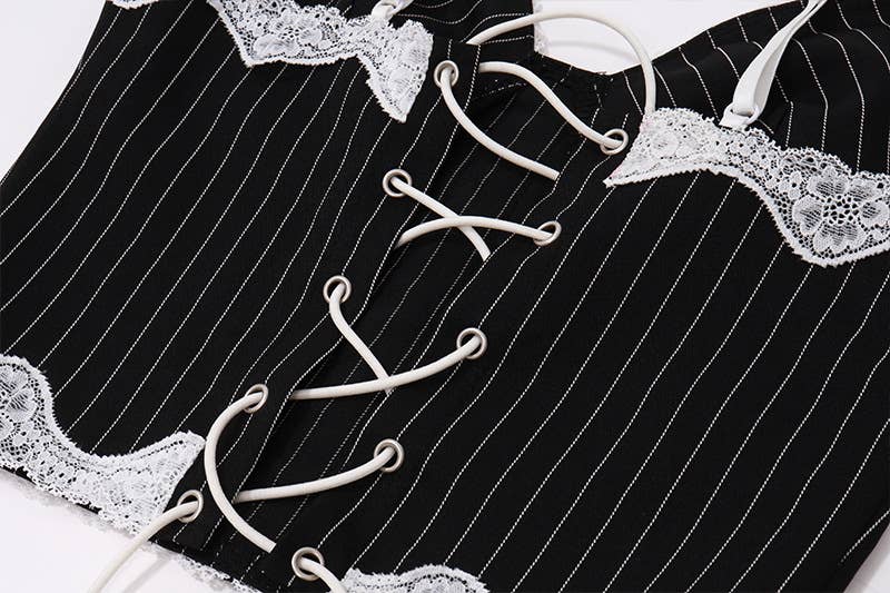 Lace striped color-blocking low-cut halter top