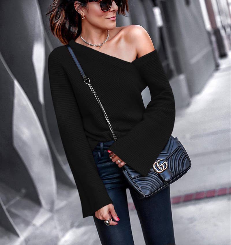 STYLISH CREW NECK OFF-THE-SHOULDER KNITWEAR