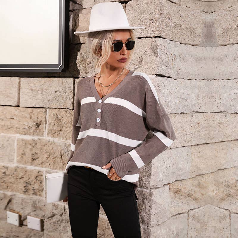 V-NECK LONG SLEEVE STRIPED JACQUARD THIN TOP
