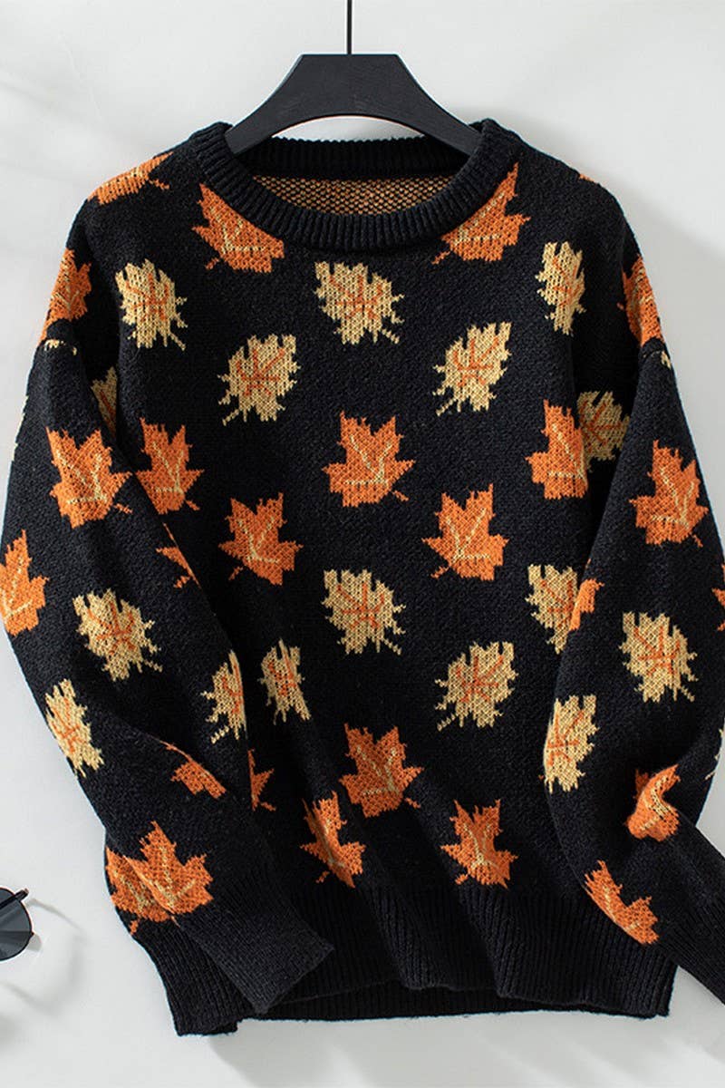 CWOSWL07063_MAPLE LEAF JACQUARD CASUAL PULLOVER SWEATER