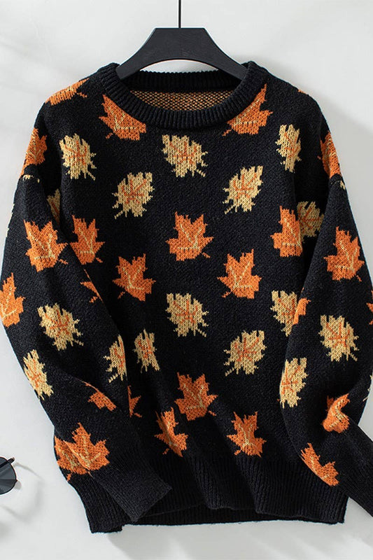 CWOSWL07063_MAPLE LEAF JACQUARD CASUAL PULLOVER SWEATER