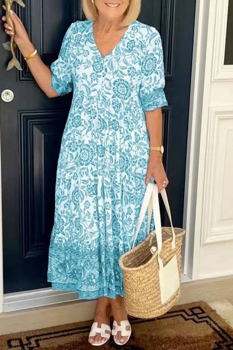 CWDSD10560_ELEGANT LONG FLORAL TIE-DYE PRINT DRESS