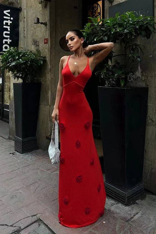 CWDMD4142_KNITTED EMBROIDERED SUSPENDER LONG DRESS