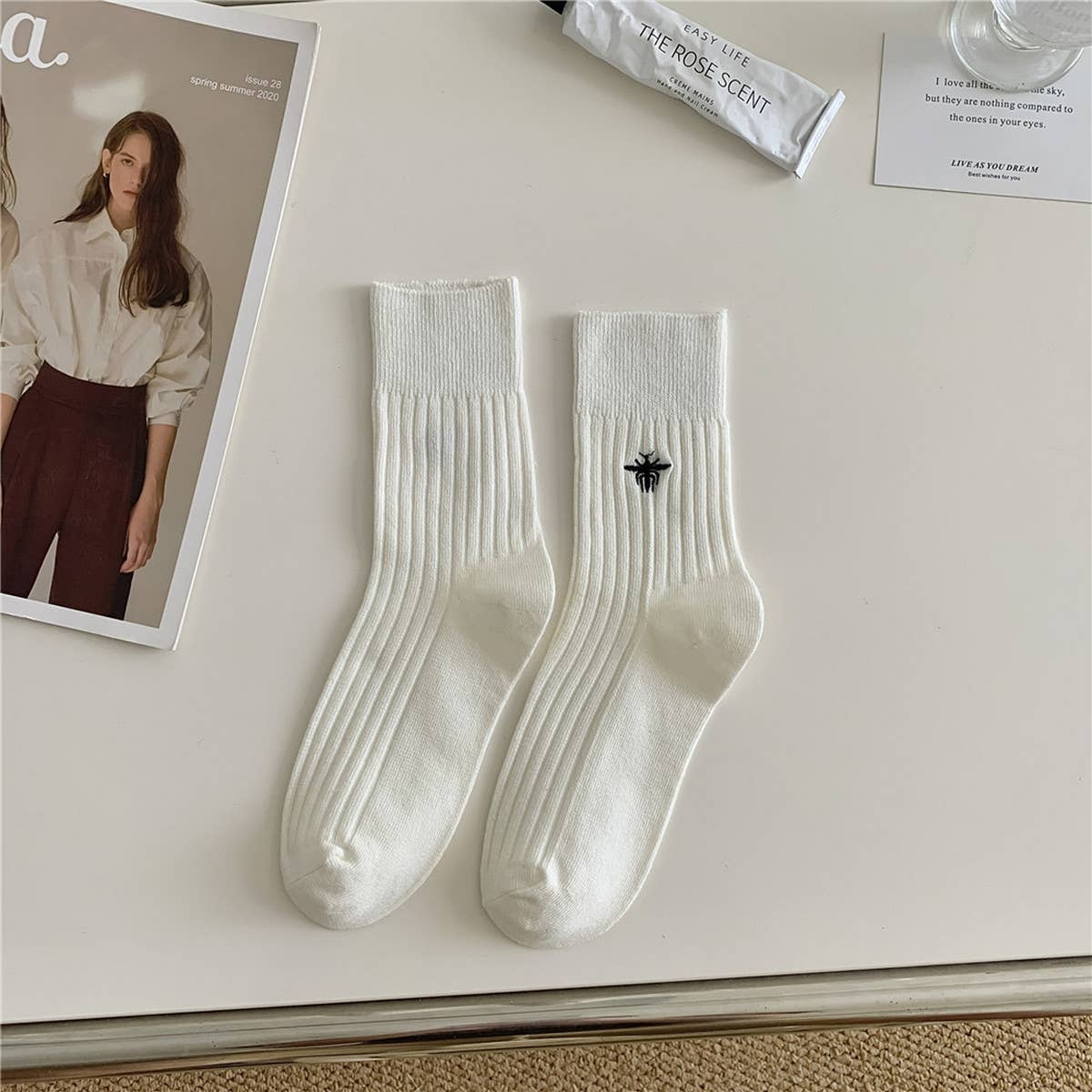 EMBROIDERED MID-CALF VERTICAL KNITTED PILE SOCKS