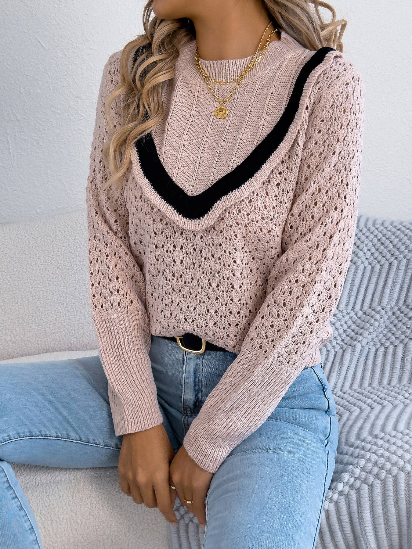 Wooden ear side long sleeve hollow sweater
