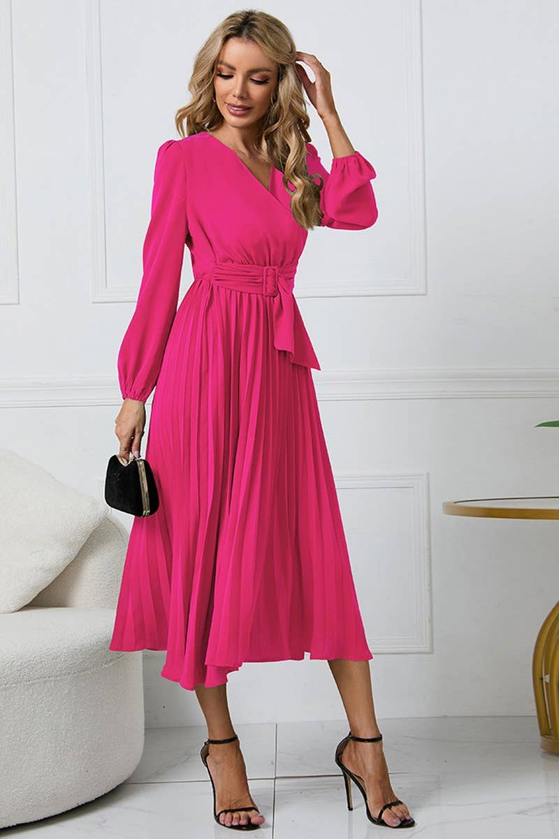 CWDMD1462_V-NECK LONG SLEEVED PLEATED DRESS