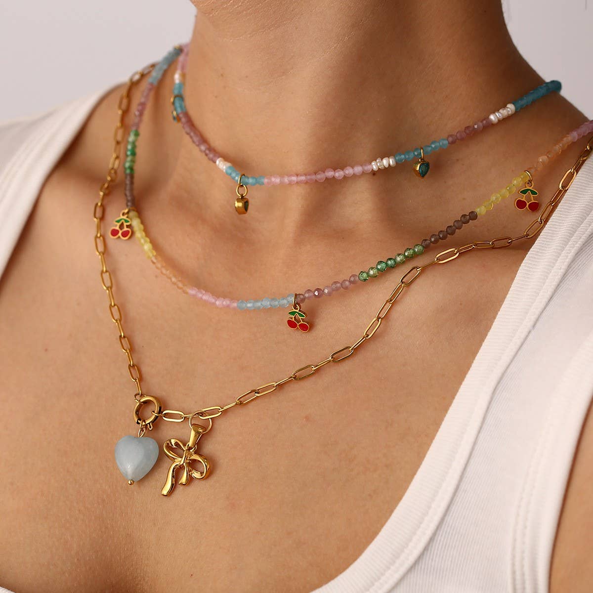 Stainless Steel Cherry Necklace with Bow Charm_CWMM8826