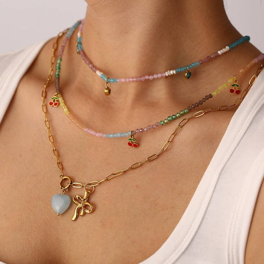 Stainless Steel Cherry Necklace with Bow Charm_CWMM8826