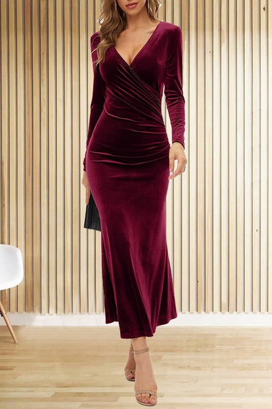 CWDMD3469_V-NECK PLEATED HIP-WRAPPED FISHTAIL EVENING DRESS