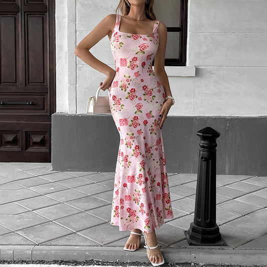 Sweet pure floral design long,form-hugging dress