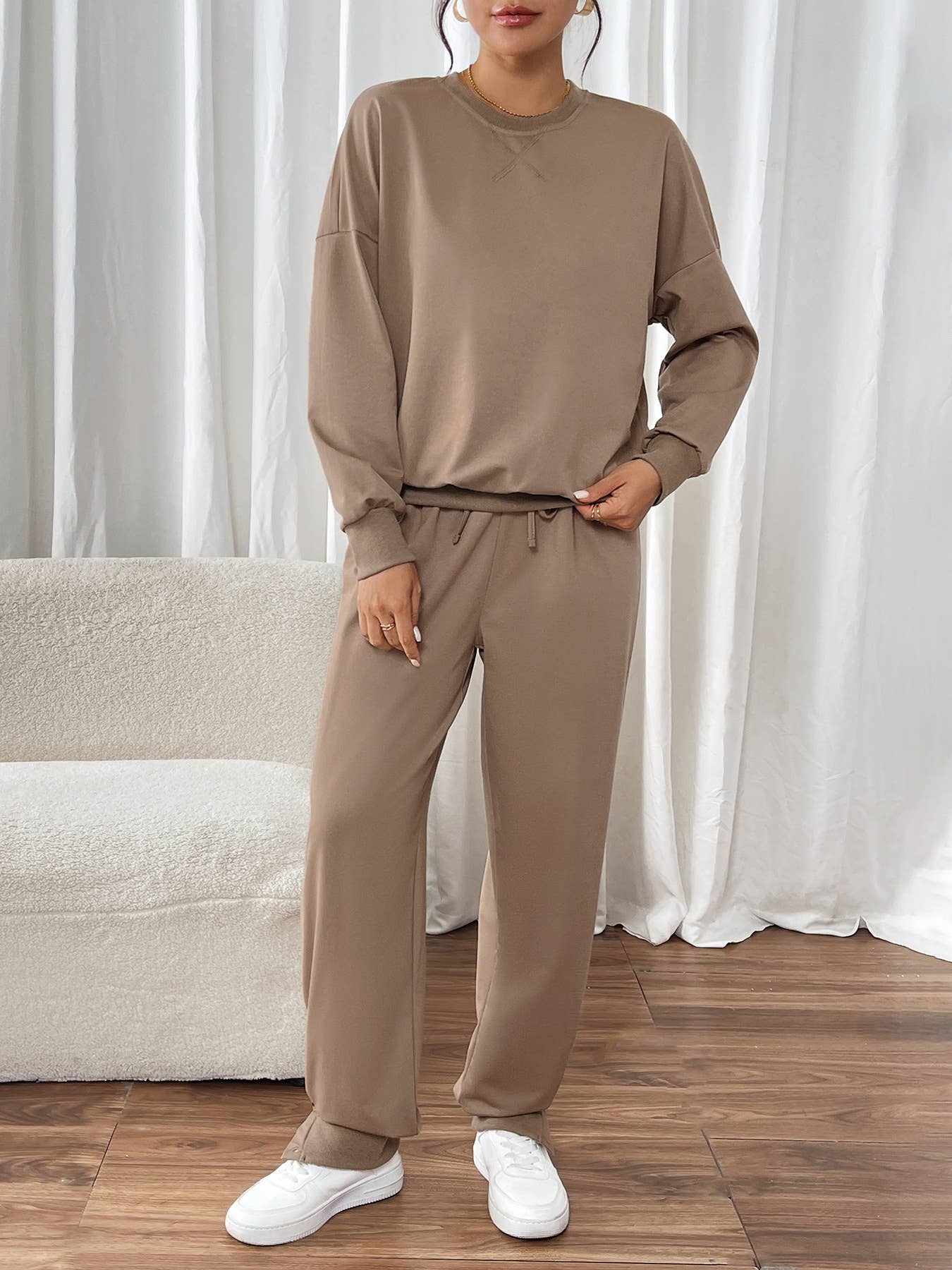 Solid color superior sense pullover hoodie pantsuit