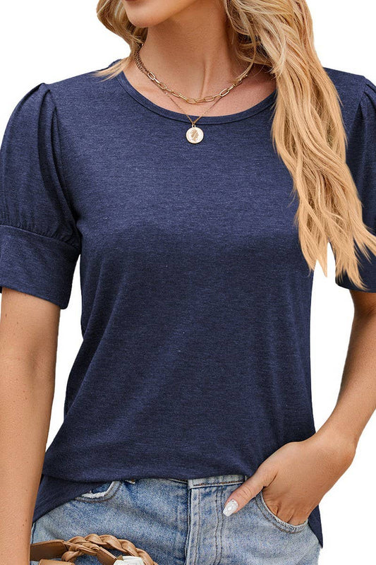 ROUND NECK SOLID COLOR BUTTON UP T SHIRT_CWTSTS0193