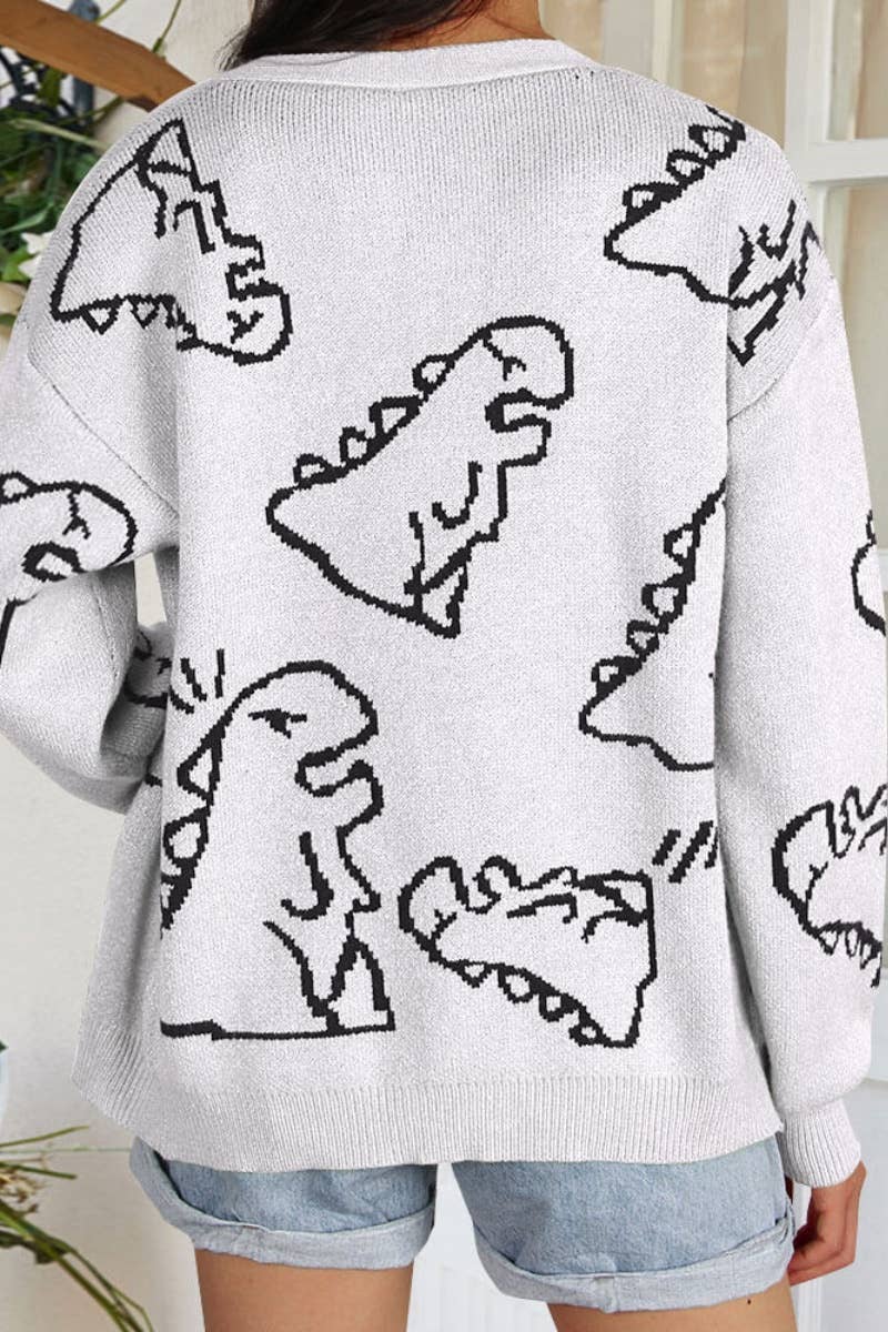 CWOCAL1574_WINTER LONGSLEEVED CARTOON DINOSAUR KNIT CARDIGAN