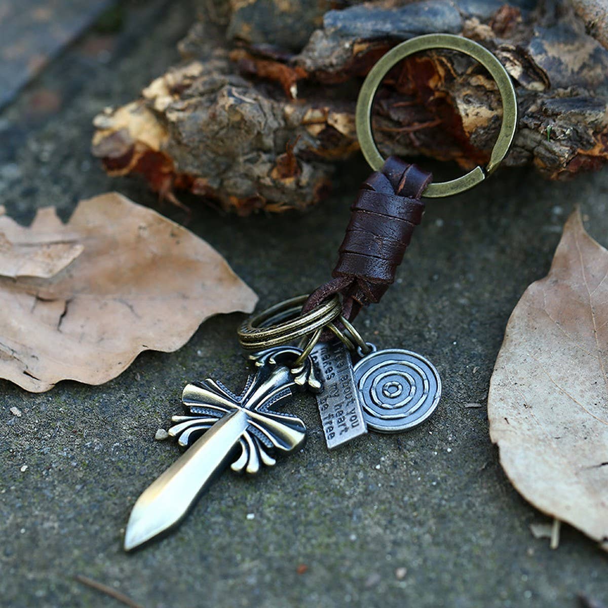 VINTAGE BRAIDED CROSS LEATHER KEYCHAIN