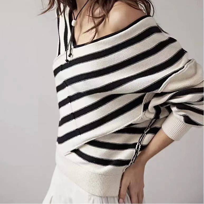 LINE NECK V-NECK COLOR MATCHING PULLOVER SWEATER