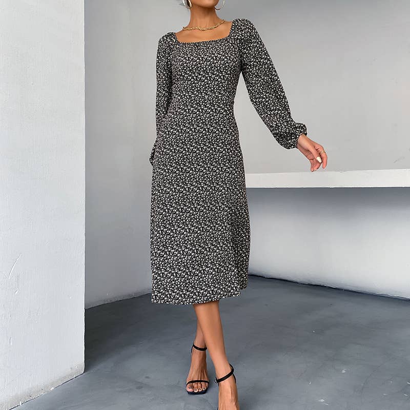 LONG-SLEEVED FLORAL SQUARE COLLAR FRENCH DRESS