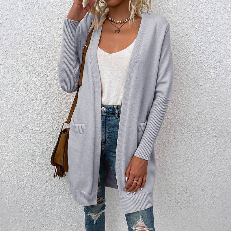 SOLID COLOR POCKET KNIT LONG UNBUTTONED CARDIGAN
