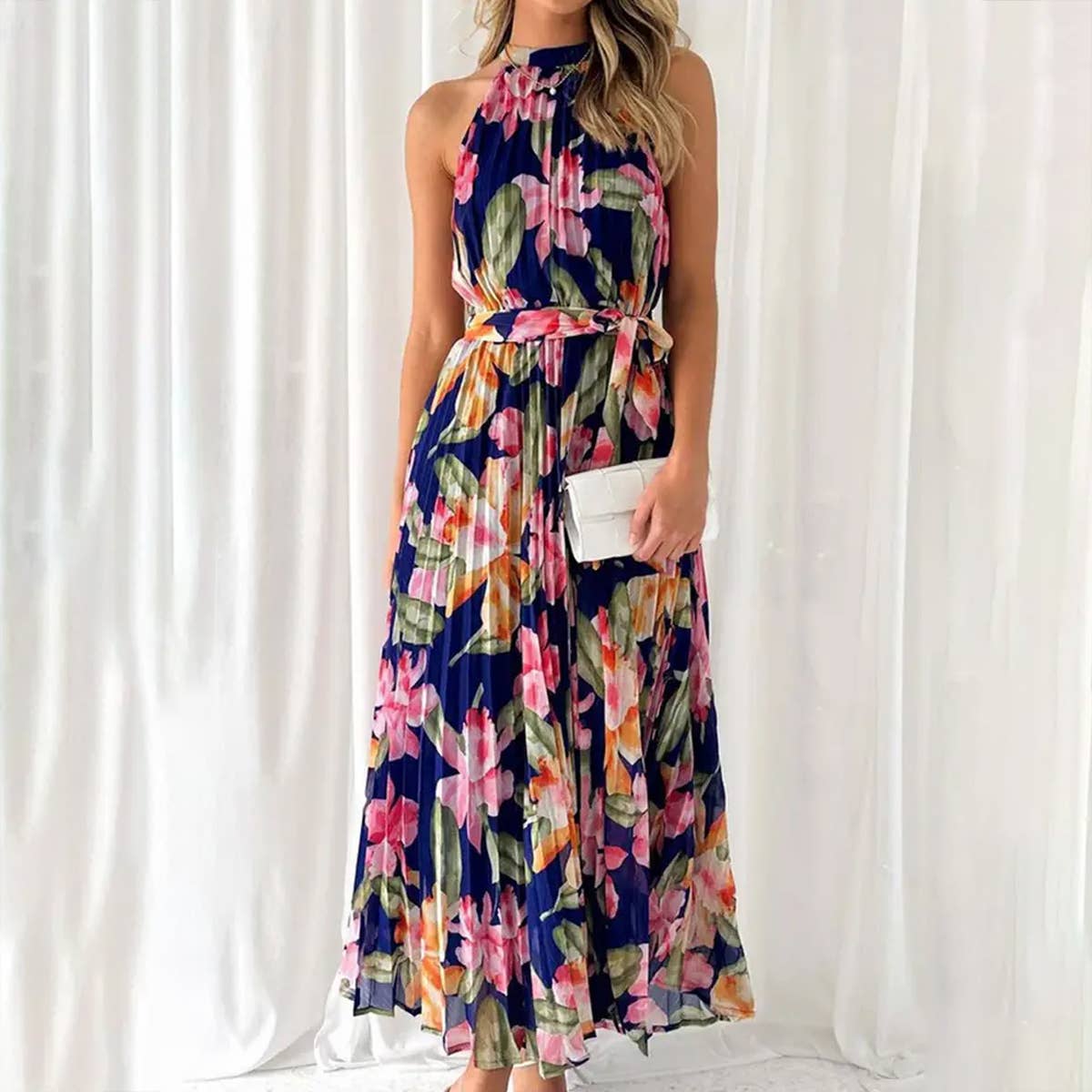 SLEEVELESS LACE UP PRINTED DRESS_CWDTD0147