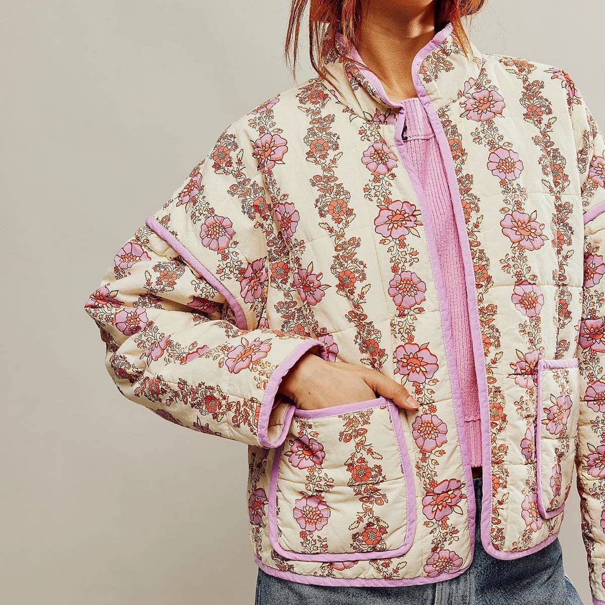 COLOUR-BLOCK FLORAL PRINT QUILTED JACKETS