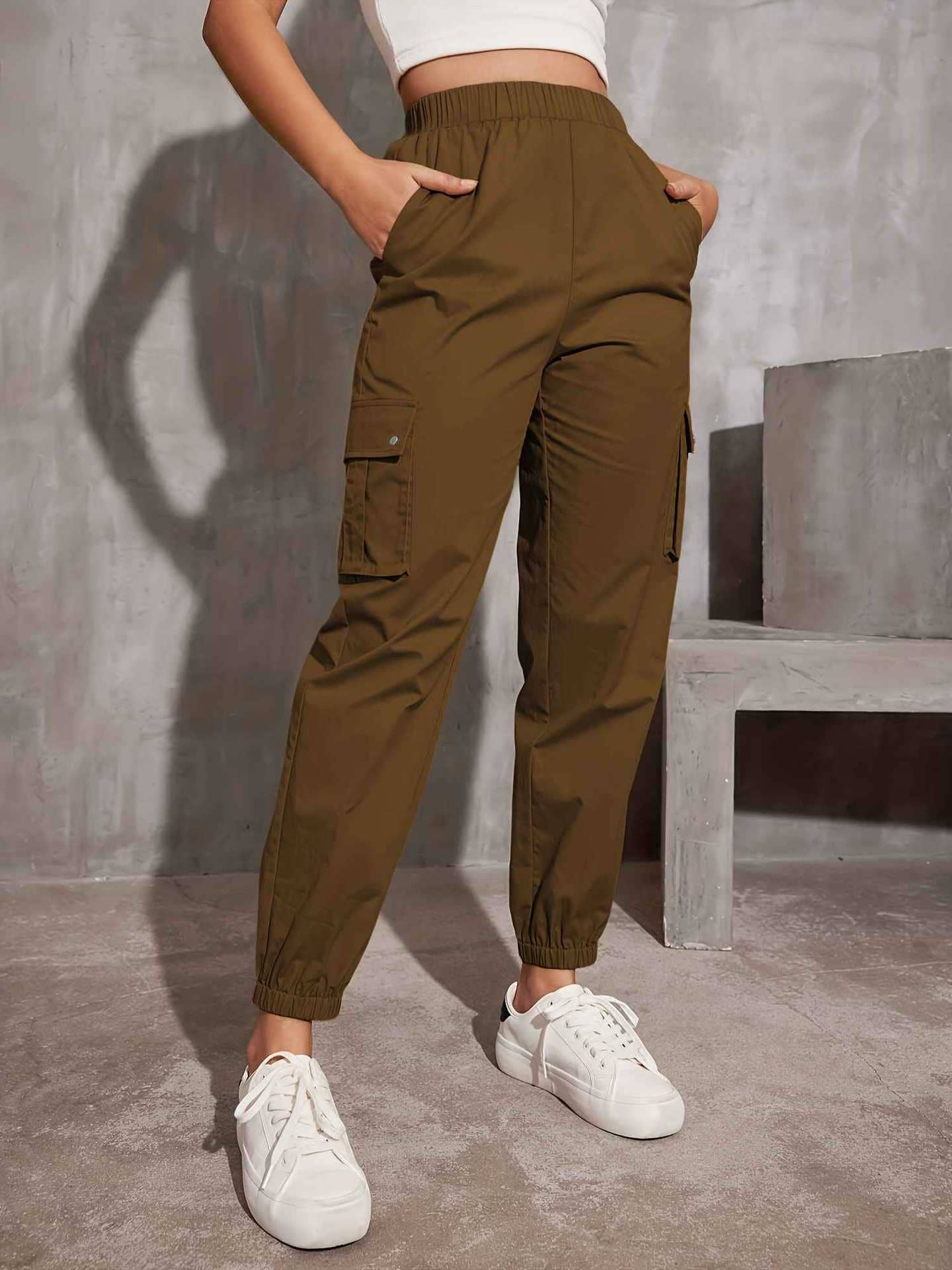 SOLID COLOR MULTI-POCKET CASUAL CARGO PANTS WOMAN