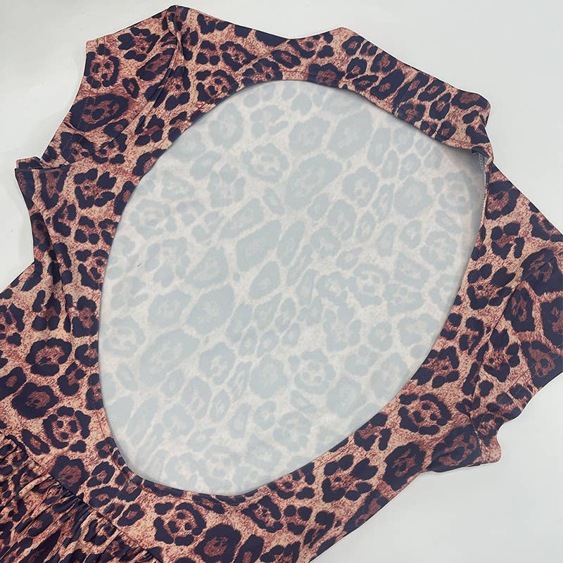 Backless round neck leopard print pleated dress