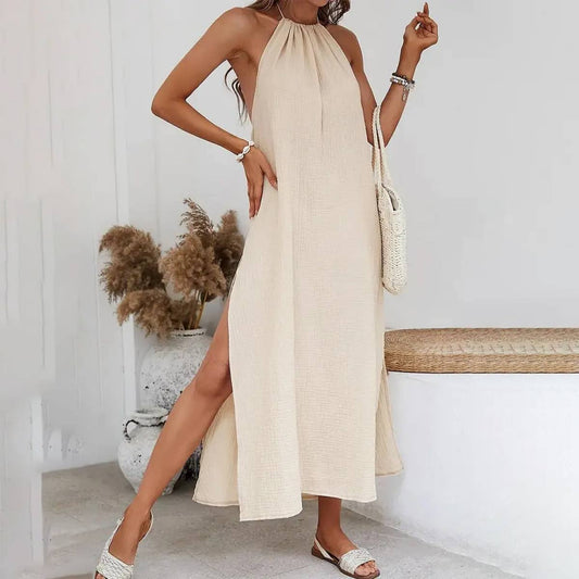 WOVEN ELEGANT BACKLESS SEASIDE HALTER MAXI DRESS