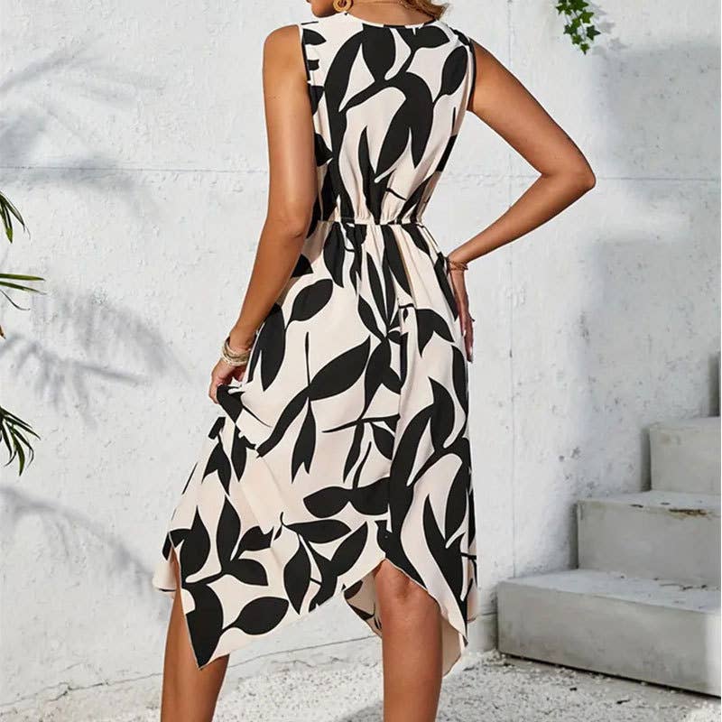 Leaf print kink irregular dress