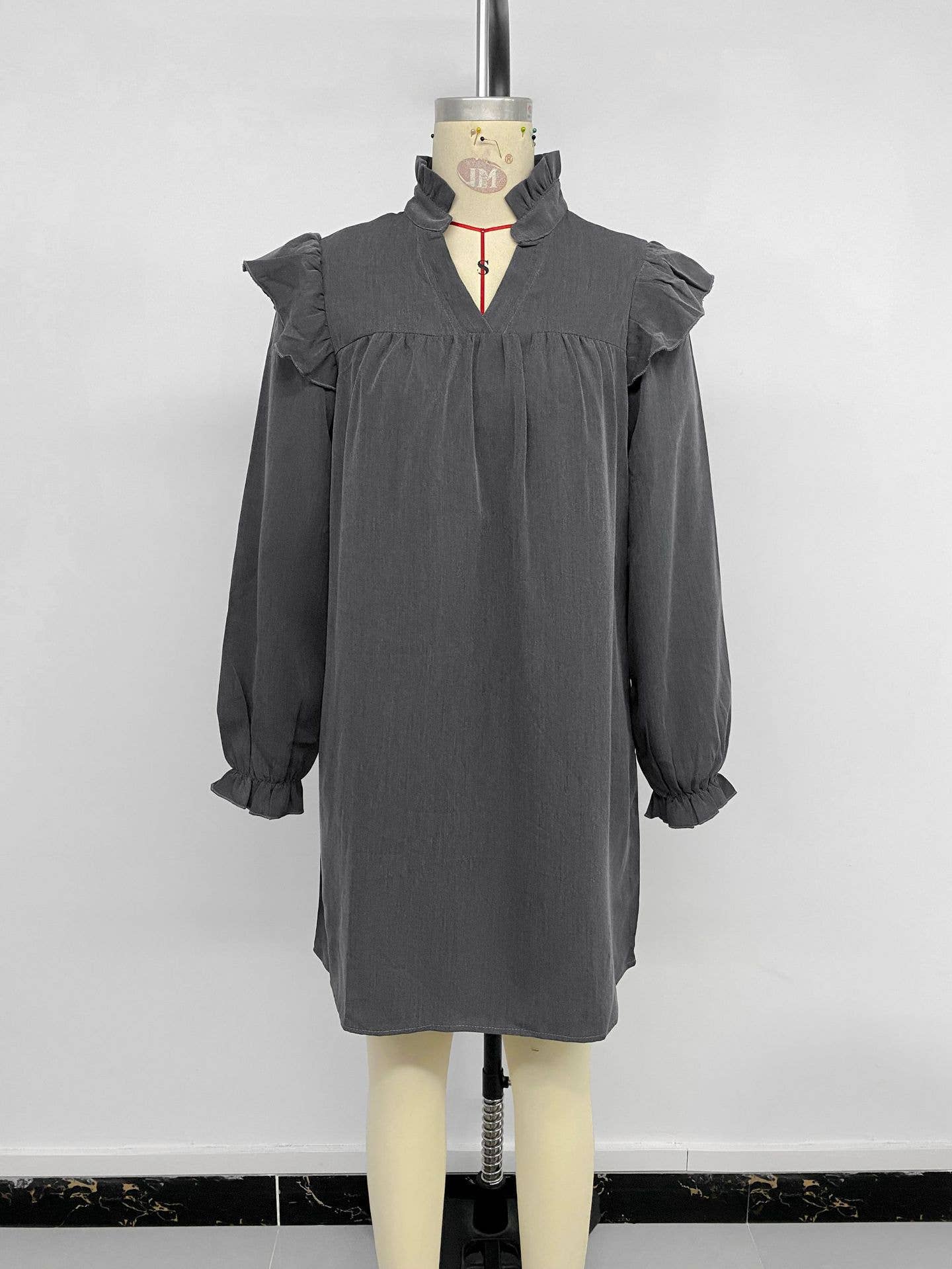 Solid-color ruffled loose stand-up collar dress