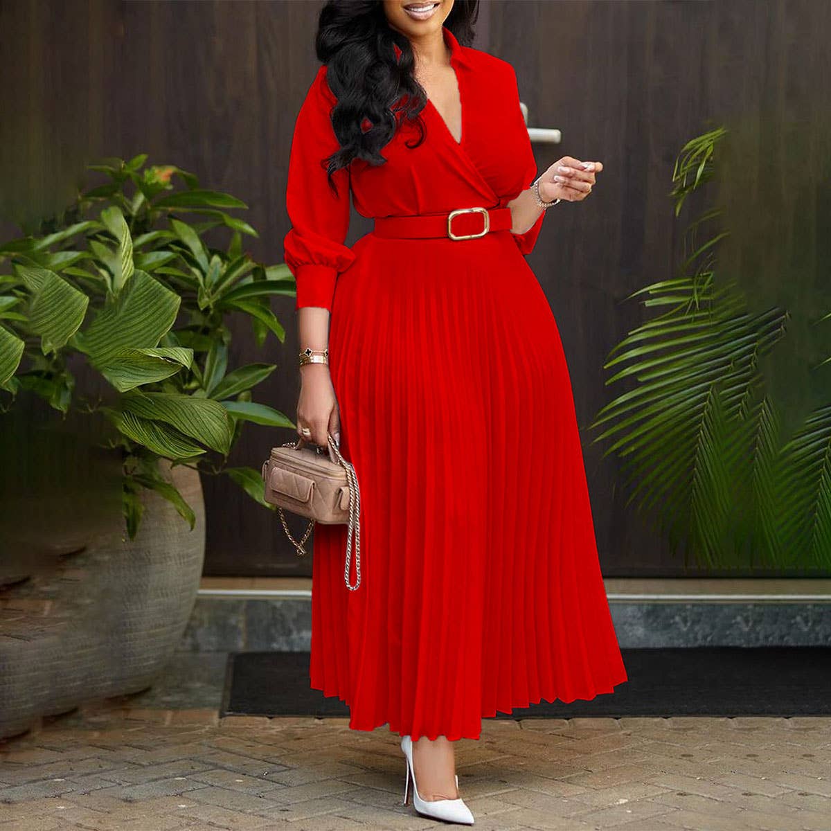 FASHION V-NECK SOLID COLOR PLUS SIZE DRESS_CWDMD3647