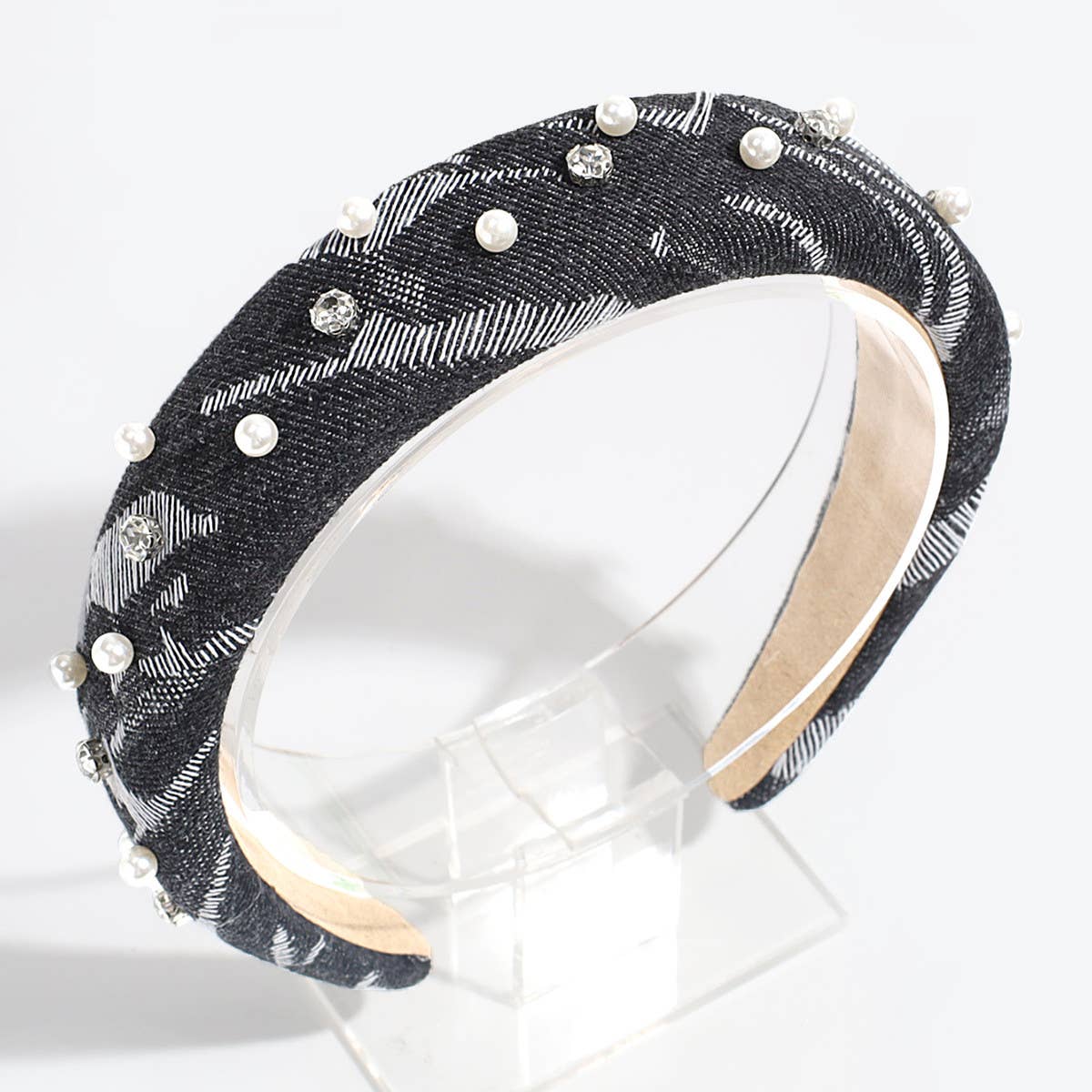 SIMPLE DENIM FAUX PEARL RHINESTONE HEADBAND_CWAHA2263