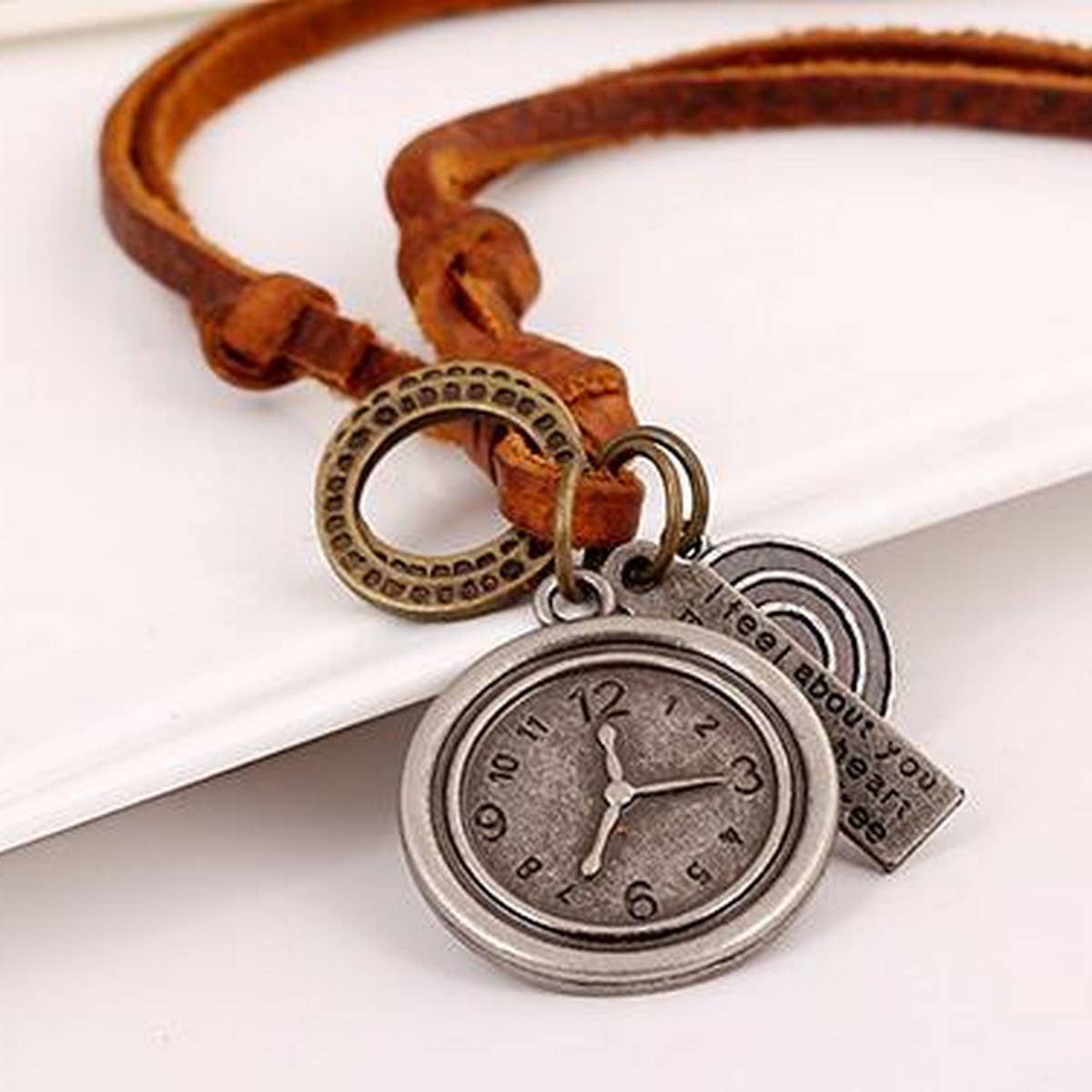 ALARM CLOCK VINTAGE TOP LAYER LEATHER NECKLACE_CWMM4625