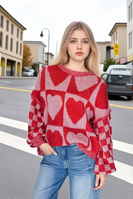CWOSWL07664_LOOSE CASUAL HEART-SHAPED MID-LENGTH SWEATER