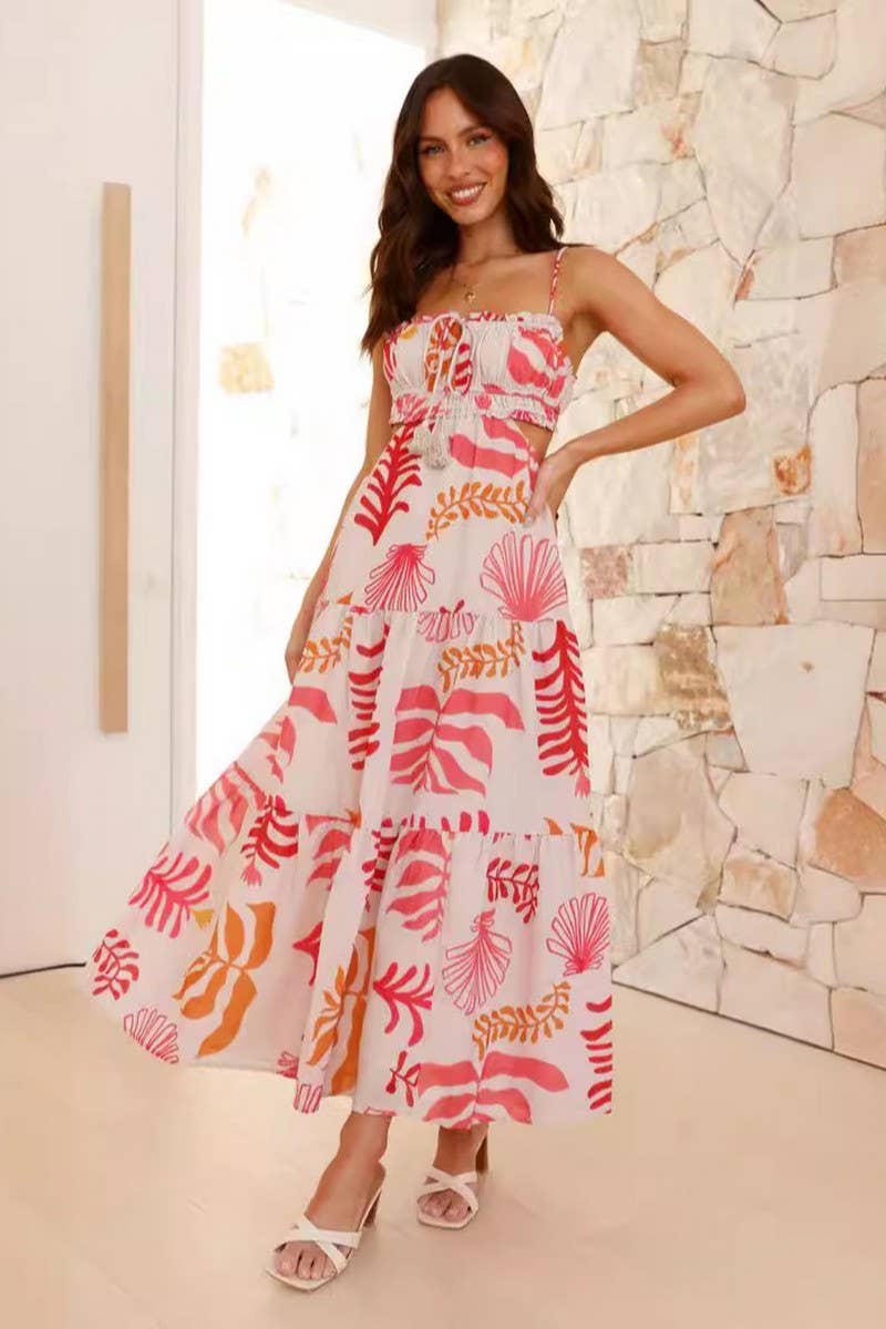 CWDMD5675_V-NECK SLEEVELESS SOLID SPLICED FLARE MAXI DRESS