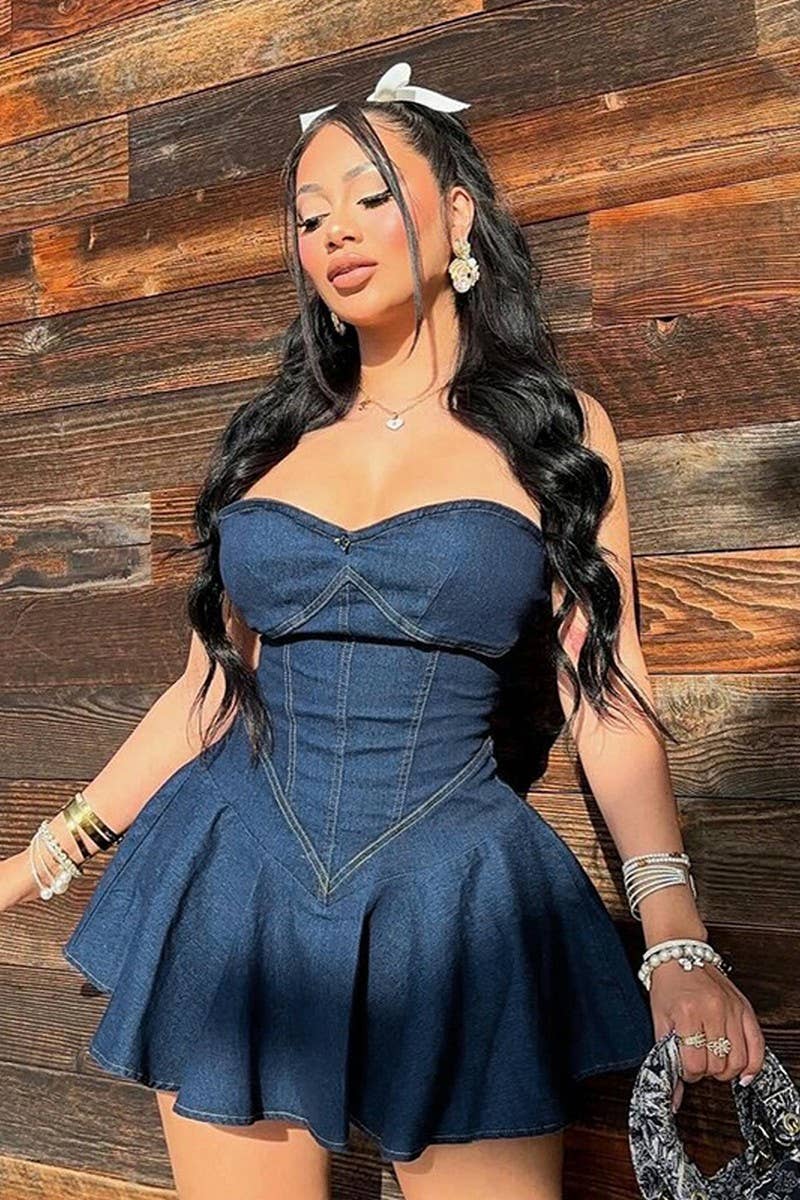 CWDTD0389_STRAPLESS FAUX DENIM HIP-HUGGING DRESS