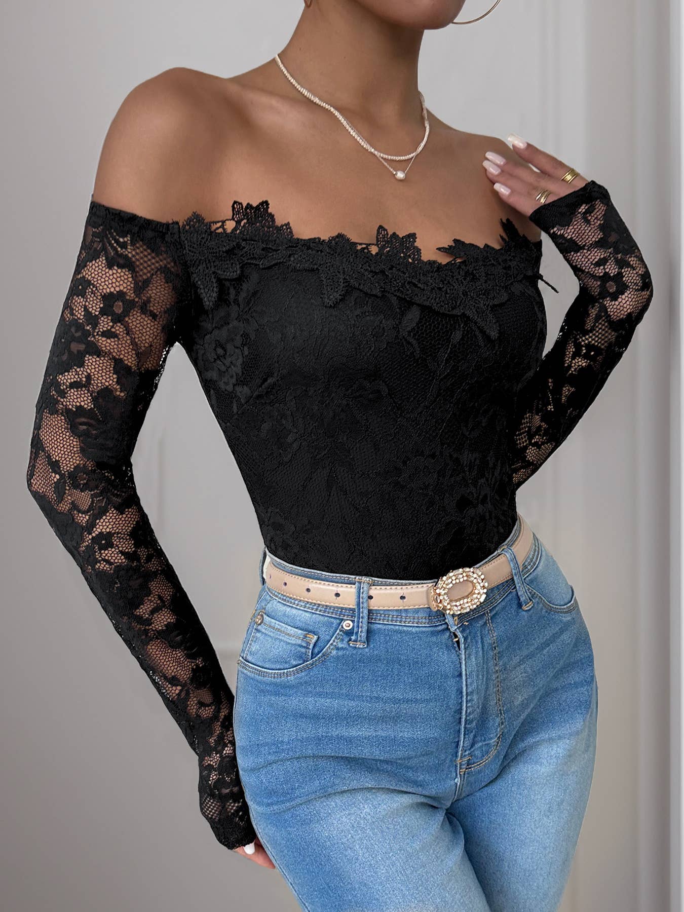 Elegant sexy lace patchwork solid color bodysuit