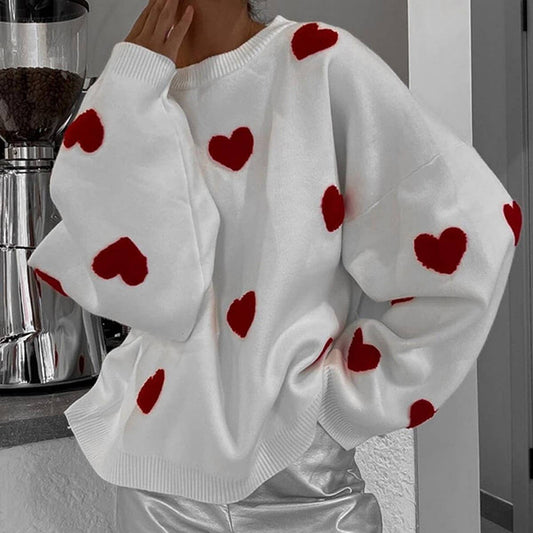 Embroidered Heart Knit Sweater for Women