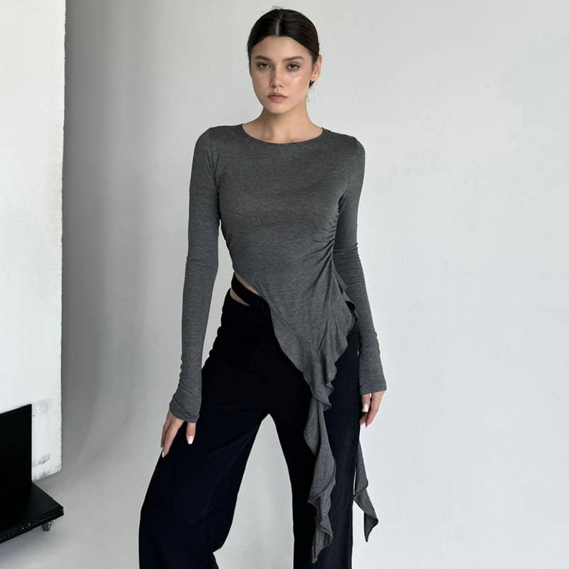 SOLID COLOR ROUND TIE RUFFLED LONG SLEEVE T-SHIRT