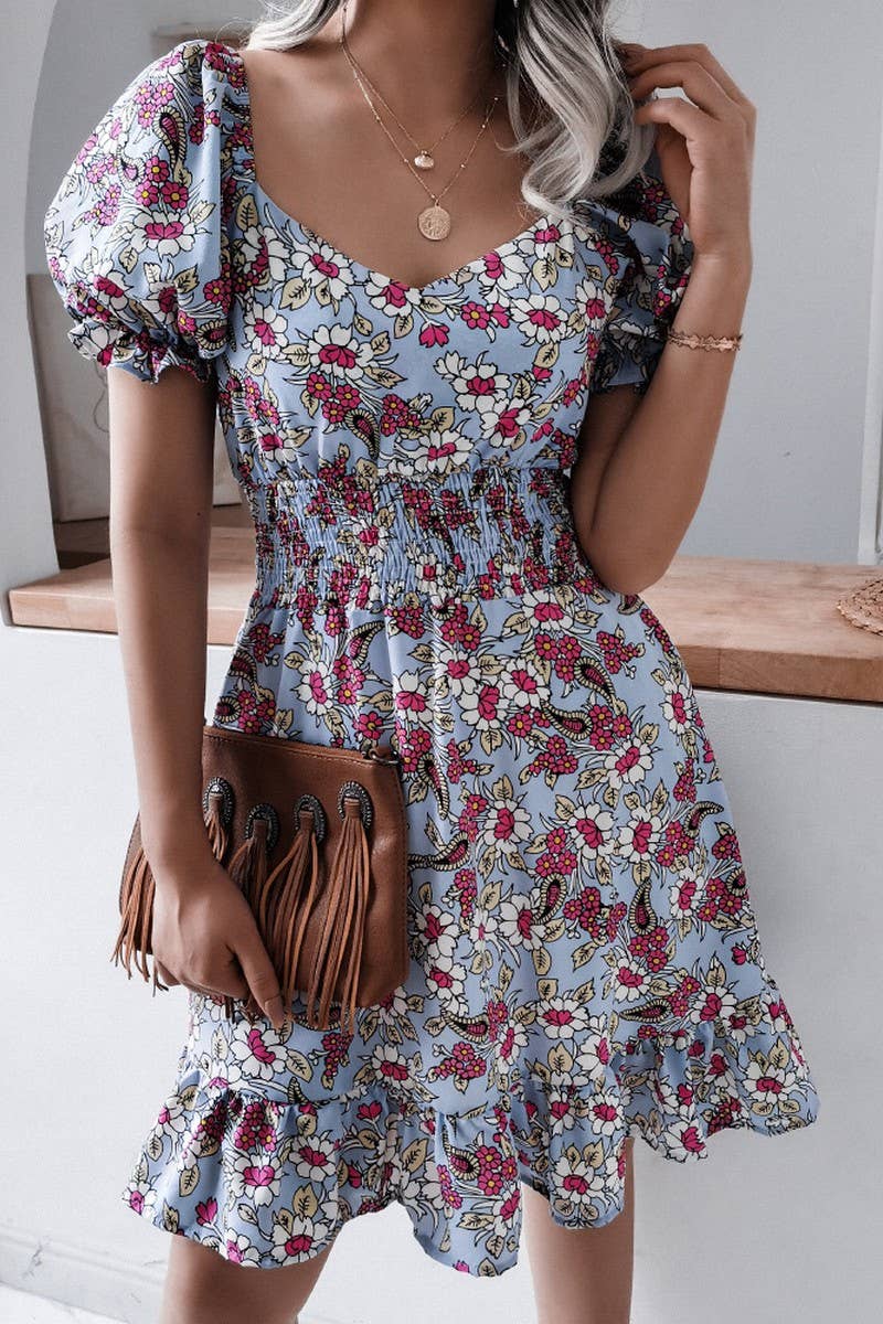 SQUARE COLLAR LANTERN SLEEVE FLORAL FLOUNCY DRESS_CWDSD2500