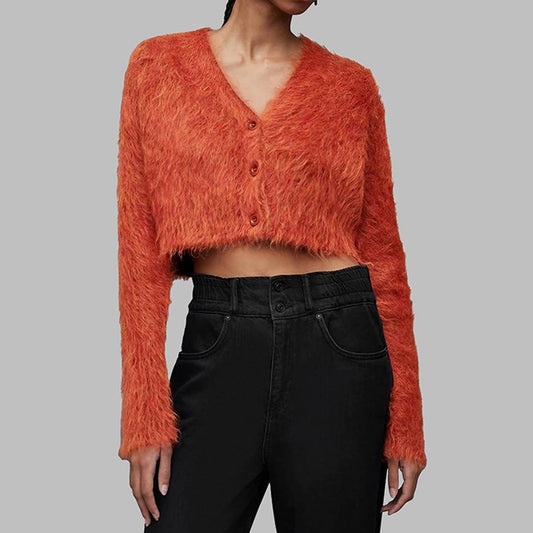 V-NECK SINGLE BREASTED SOLID COLOR SHORT CARDIGAN