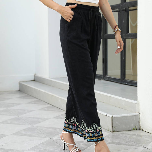 Folk embroidery pass-through wide-legged pants